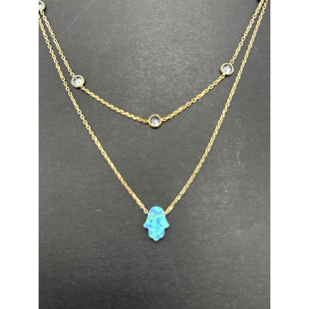 EUC Gold Sterling Silver Cubic Zirconia Lab Opal 16" Hamsa Necklace G8